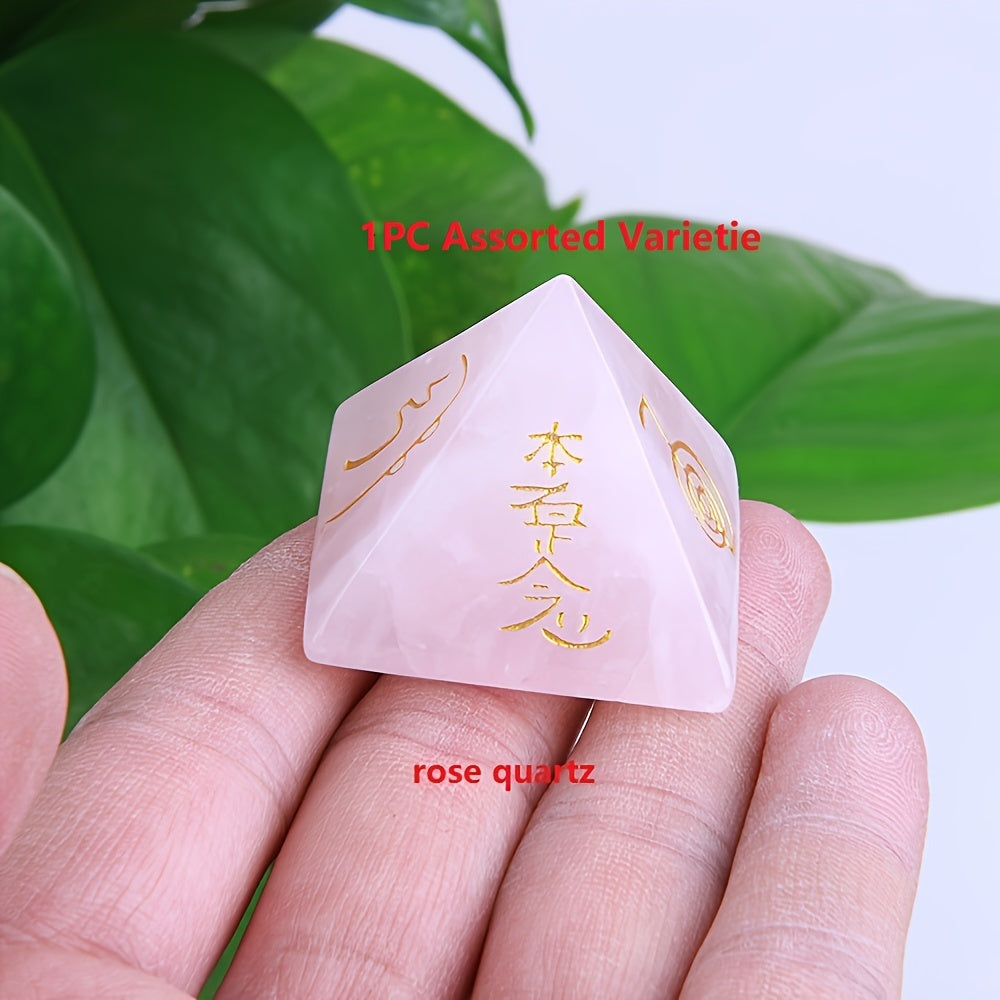 Hand-Carved Reiki Symbol Pyramid Natural Stone with Healing Crystals for Meditation and Gift
