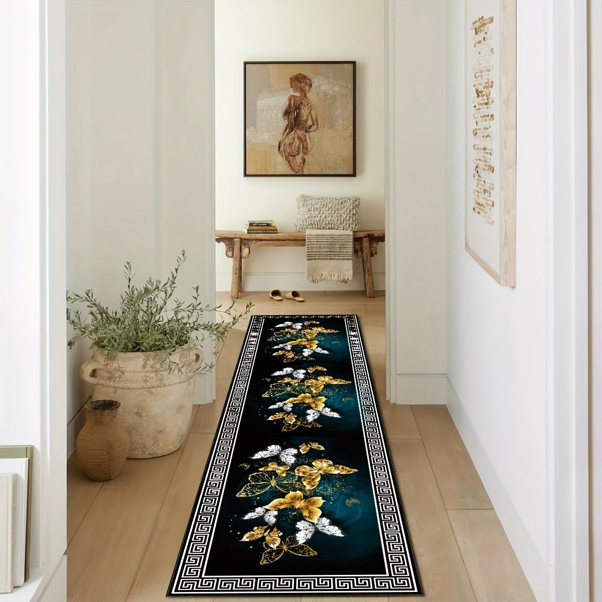 Qora va oltin rangli kapalak naqshli yugurish mato, sirgʻalmas, mashina yuviladigan, 49.99x79.98 sm