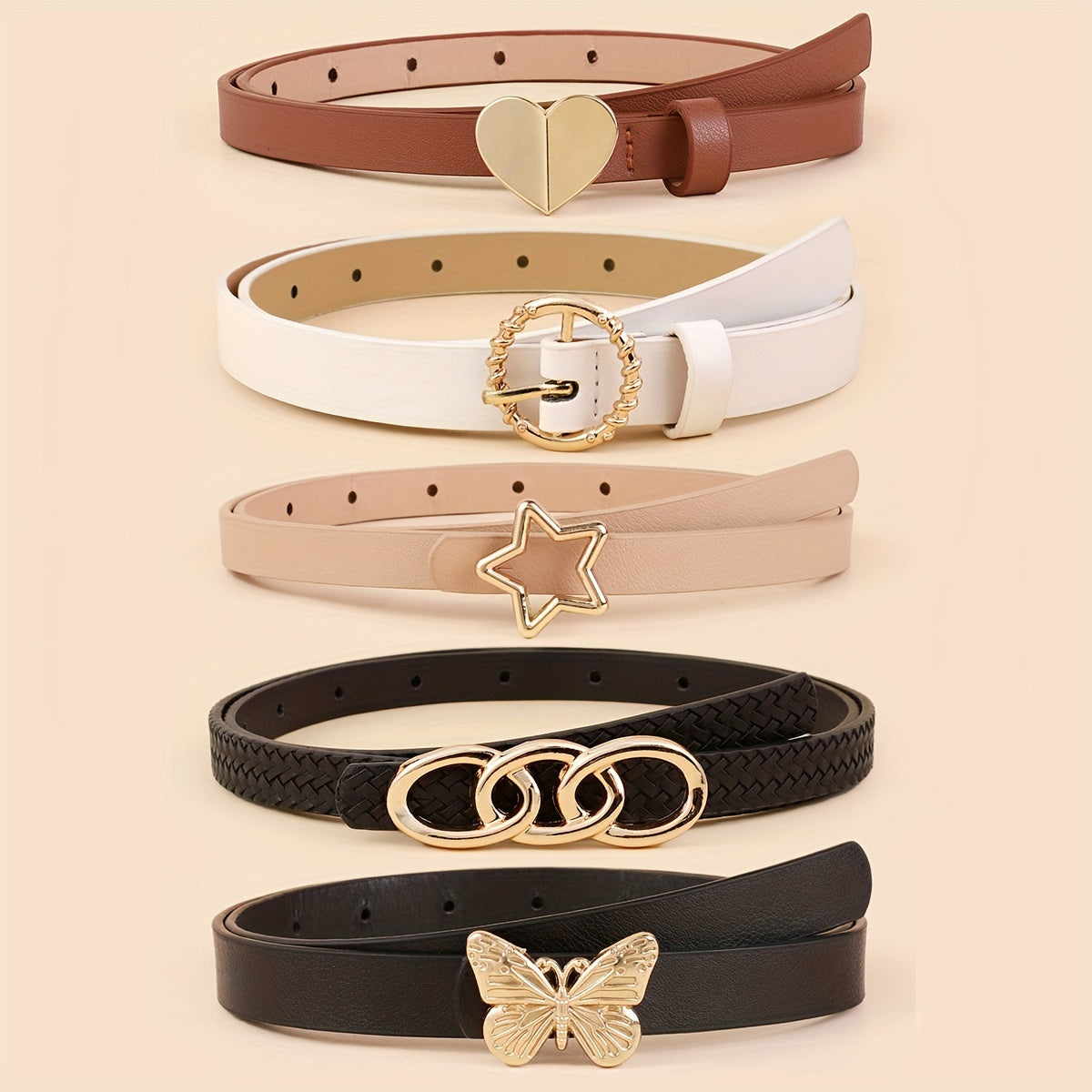 Набор из 5 женских тонких ремней из искусственной кожи в однотонных цветах для платьев и пальто