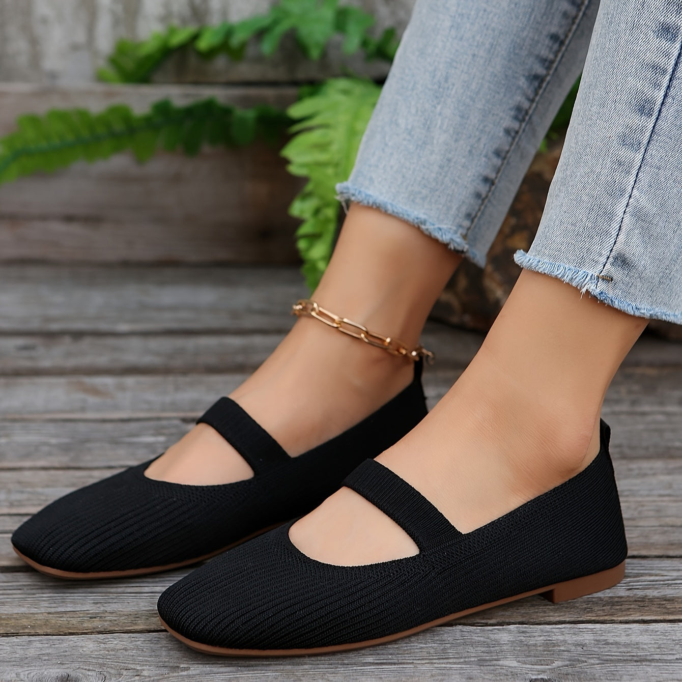 Women's Casual Knit Flats with Square Toe Fabric Upper Slip-On All-Season