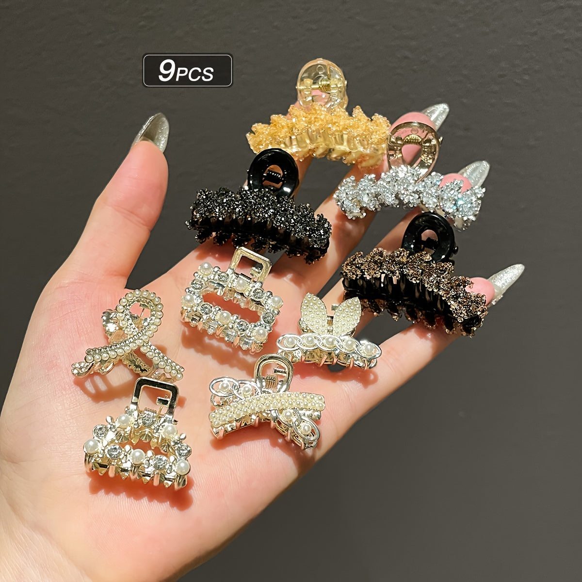 9pcs Women's Elegant Solid Color Alloy Hair Clips Small Rhinestone Accessories