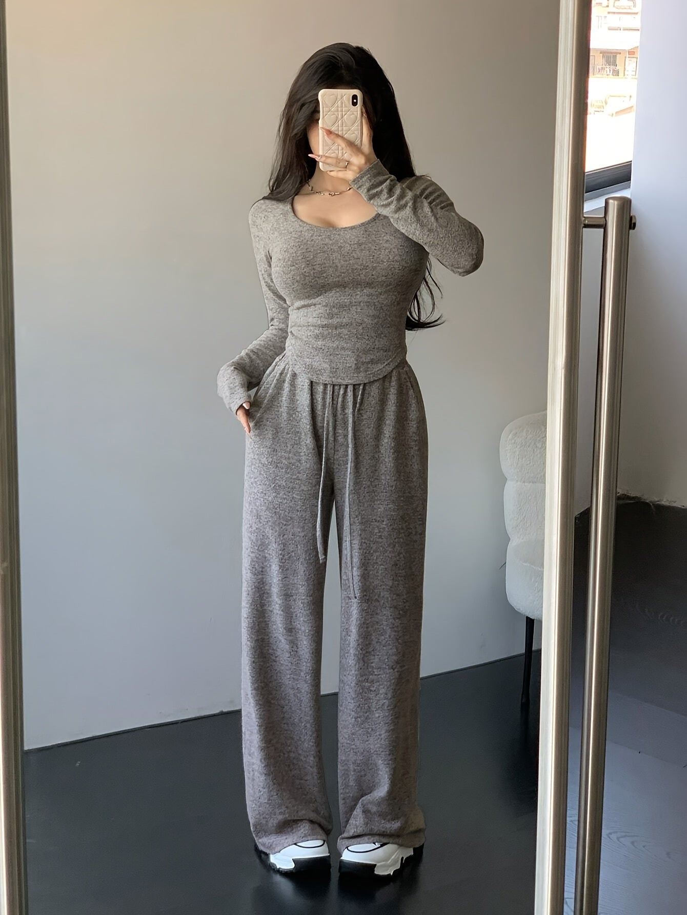 Women's Fall Winter Polyester Crew Neck Top and Loose Fit Pants Loungewear Set