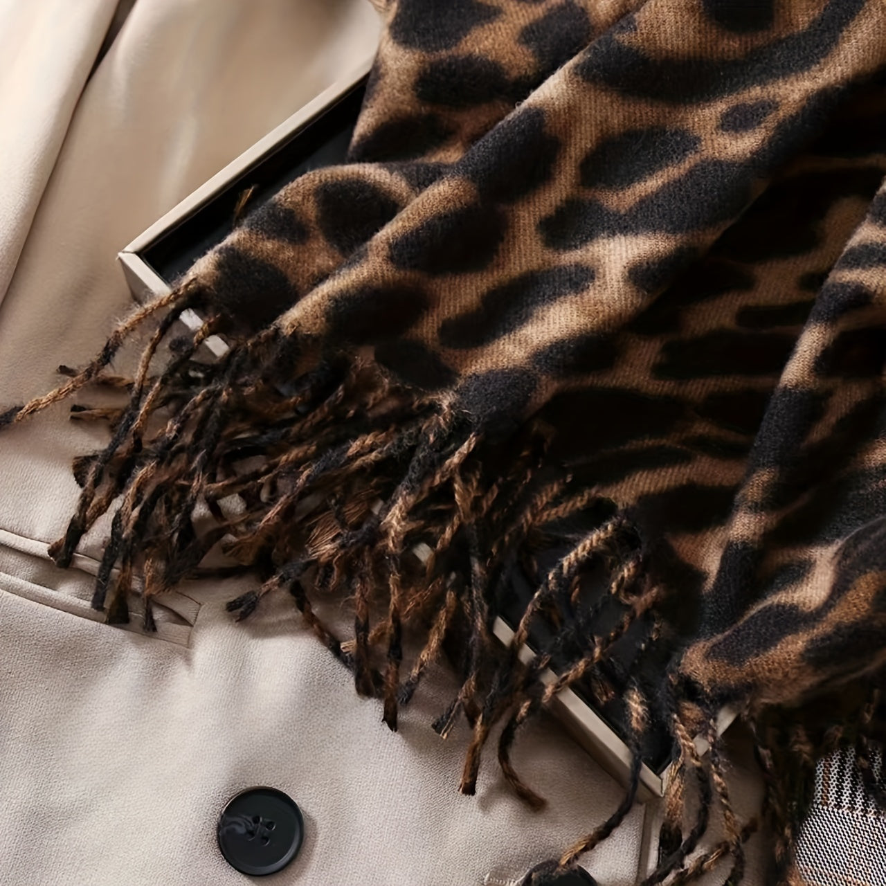 Leopard Print Faux Fur Scarf for Women Winter Cashmere Feel Tassels Warm Accessory