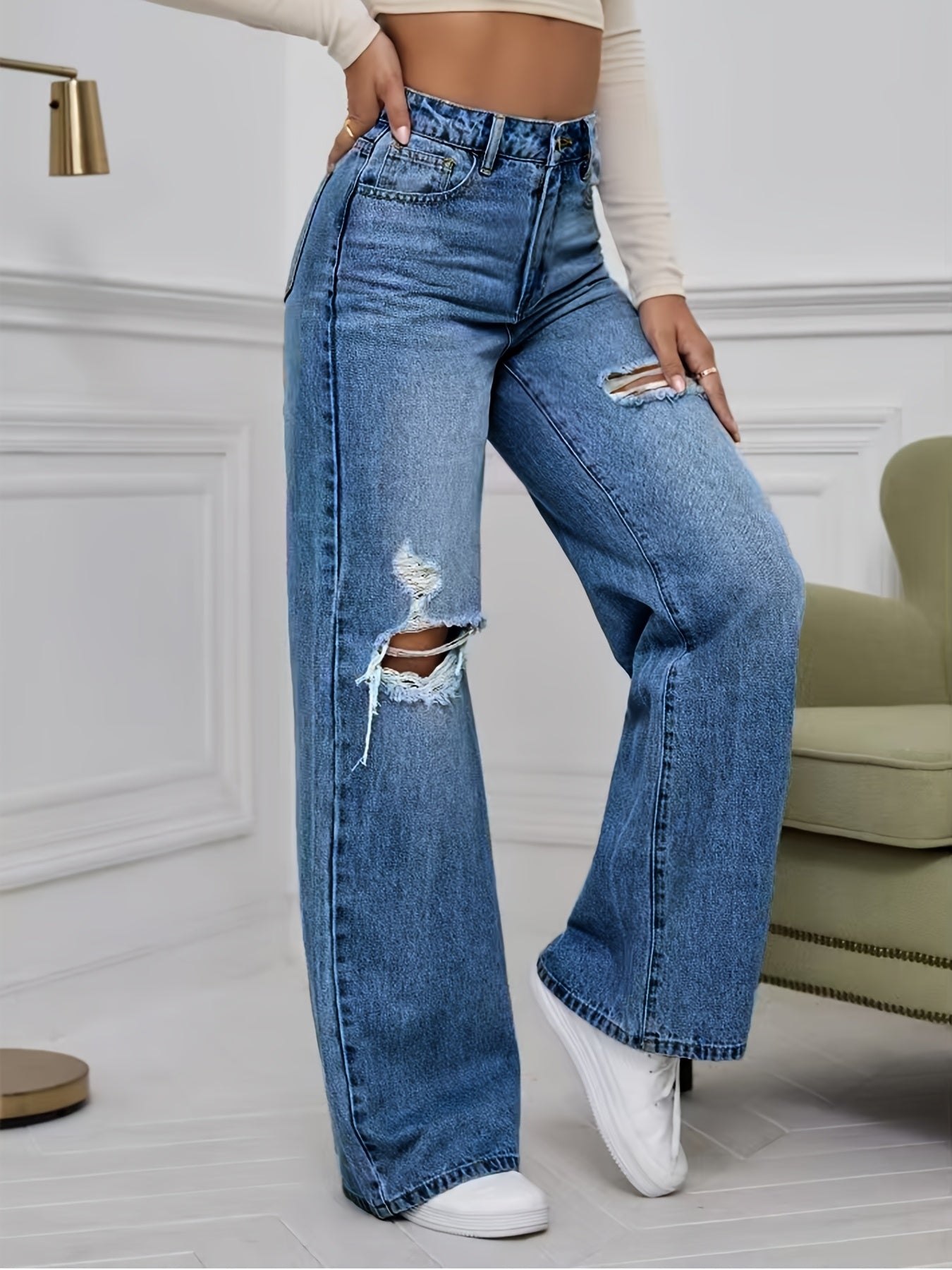Women's Plus Size High-Waisted Ripped Jeans Stretch Denim Wide Leg Pants