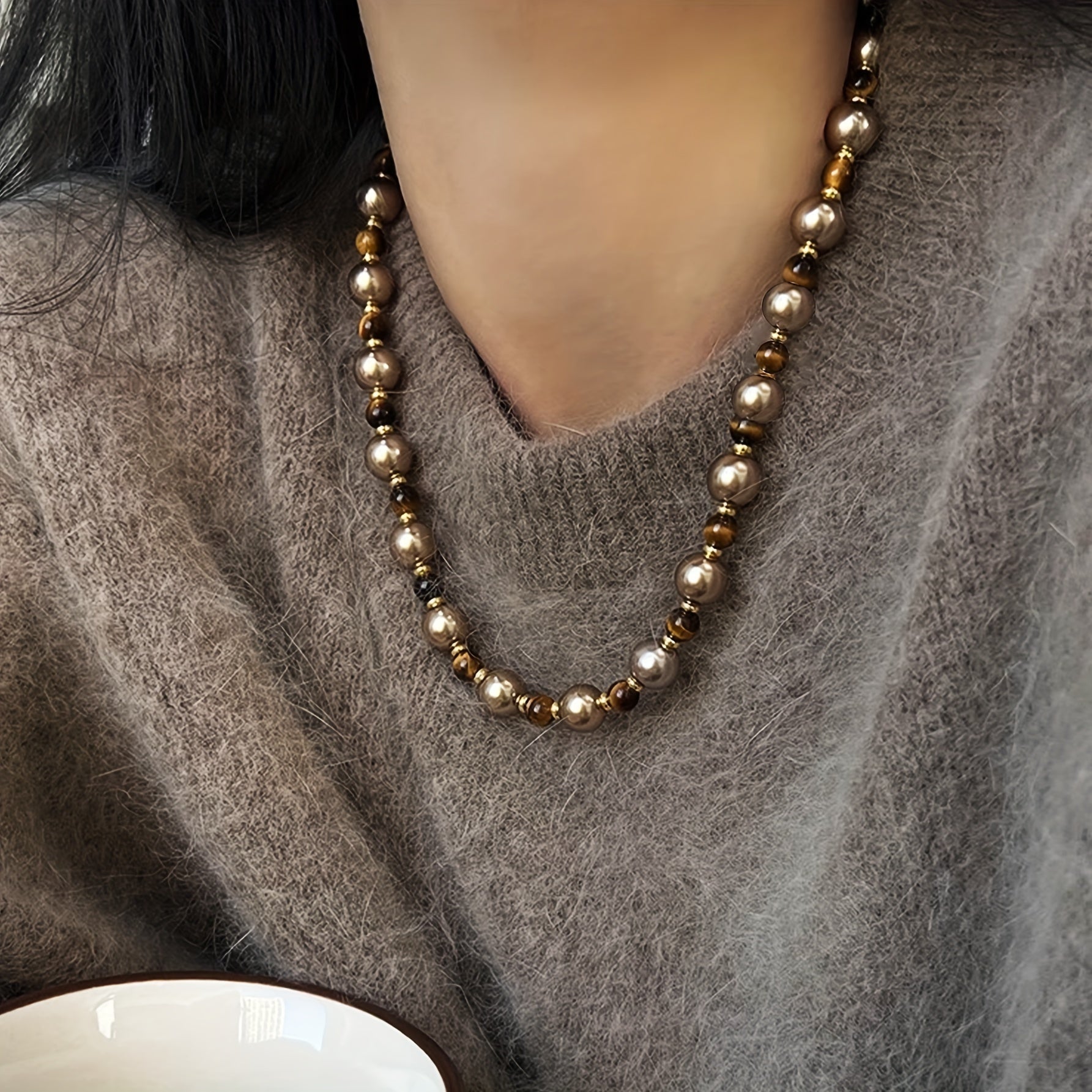 Women's Autumn Winter Necklace with Tiger Eye and Imitation Pearl Beads