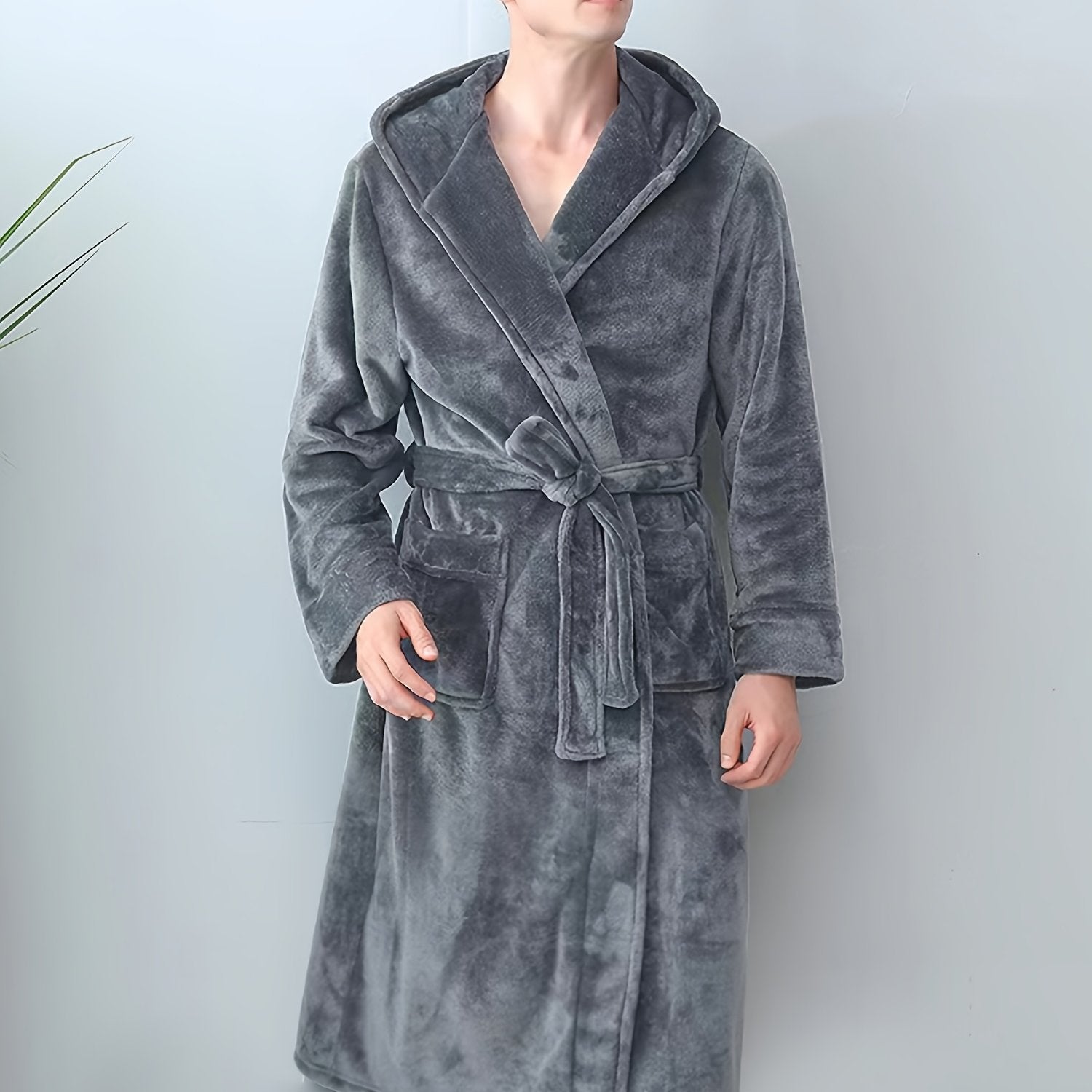 Men's Casual Hooded Robe Set Made of 100% Polyester Knit Fabric with Belt and Pockets