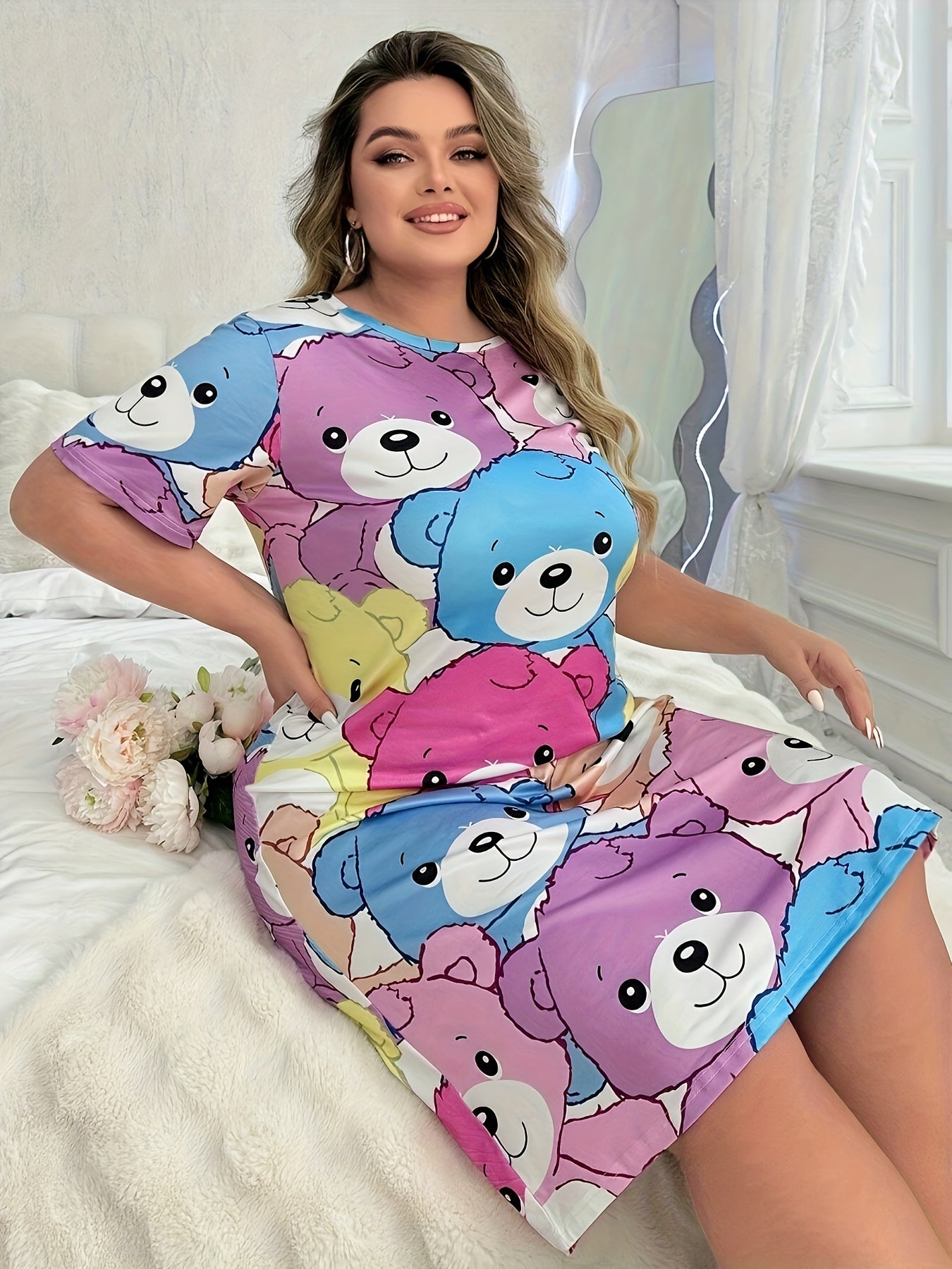 Plus Size Girls Night Dress Cartoon Bear Print Short Sleeve Sleepwear