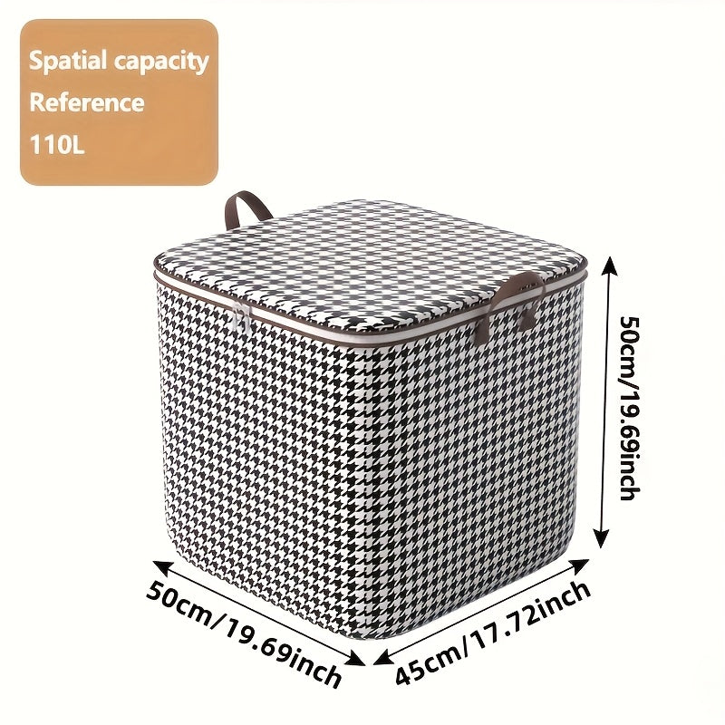 Большая вместительная коробка для хранения с узором «гусиная лапка» и ручками из искусственной кожи для одежды, постельных принадлежностей, игрушек