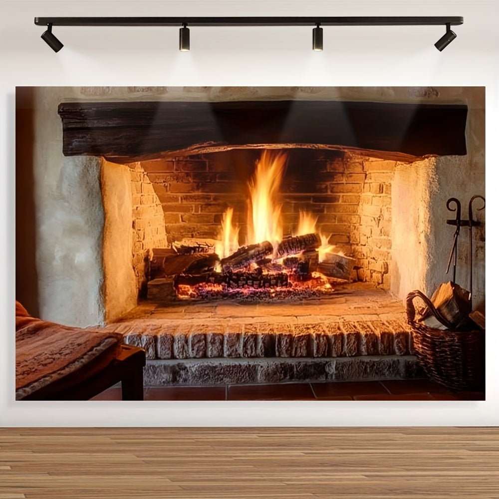 Polyester Fireplace Backdrop Cloth for Home Decor, Wood Burning Scene, All Seasons