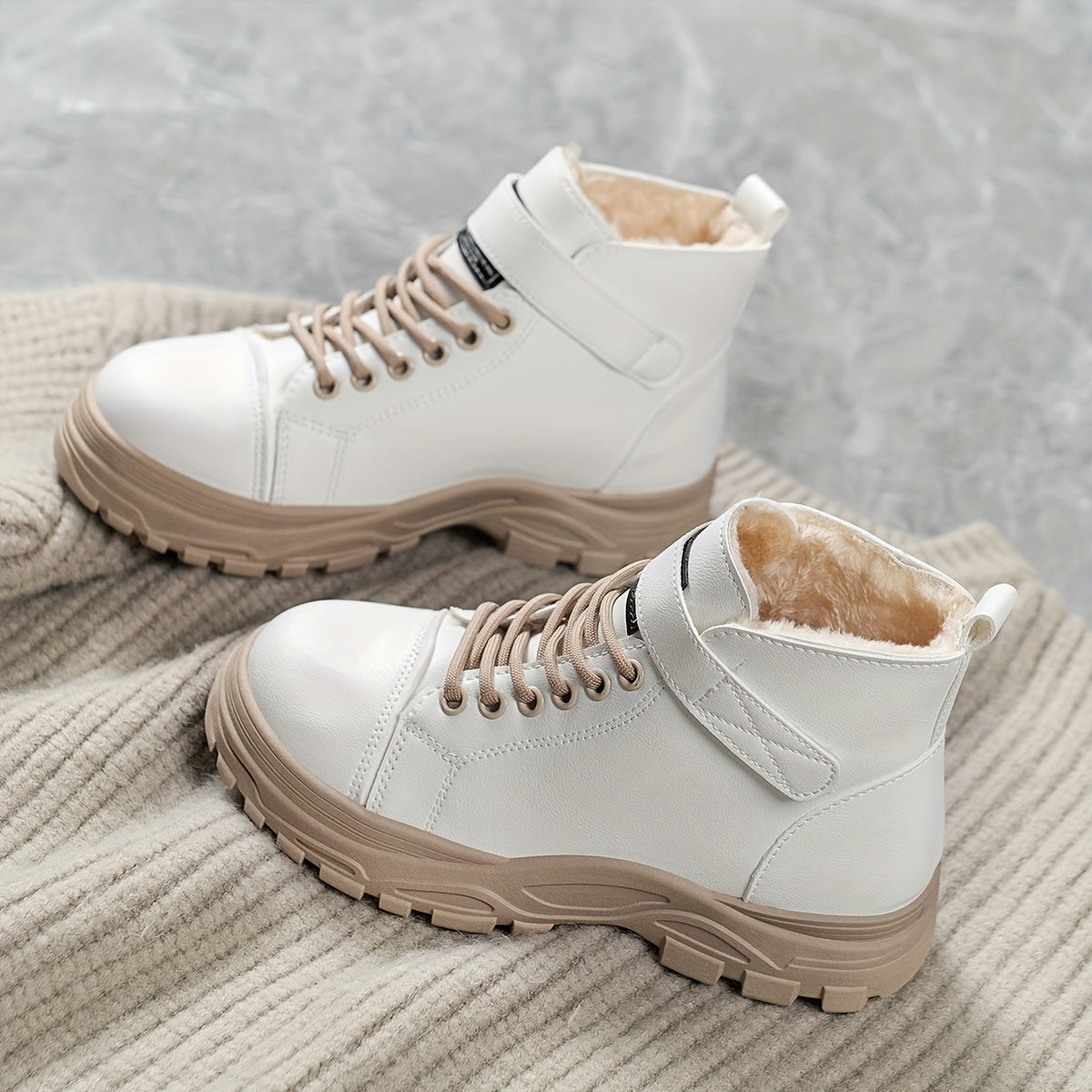 Women's Plush-Lined Winter Ankle Boots with Rubber Sole and Adjustable Straps