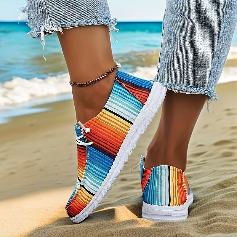 Women's Casual Striped Canvas Sneakers, Slip-On, All-Season, Lightweight