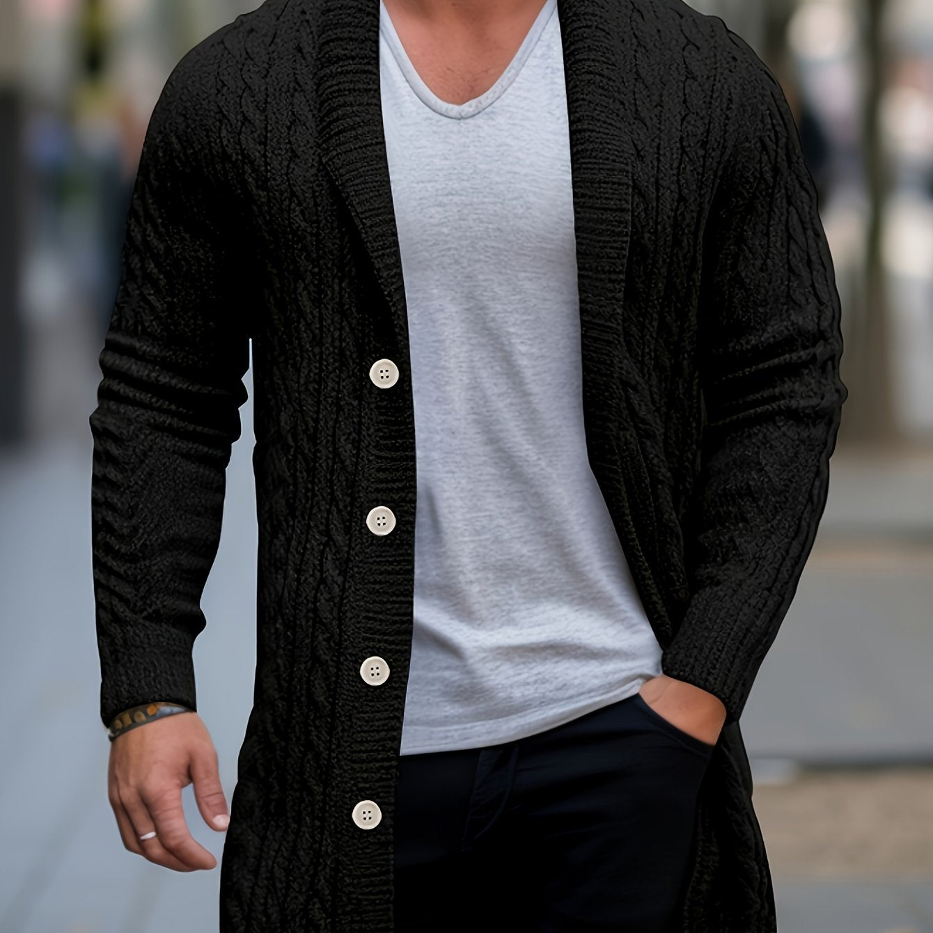 Plus Size Men's Knitted Open Cardigan with Shawl Collar and Button Front for Autumn