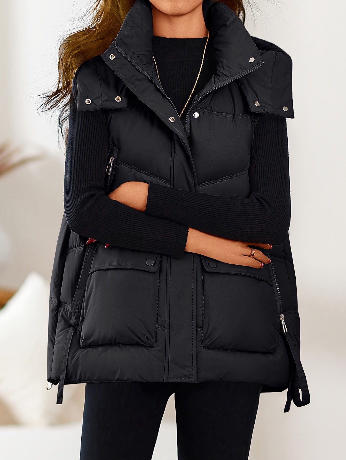 Women's Black Polyester Hooded Vest with Zip Front Pockets and Drawstring Waist