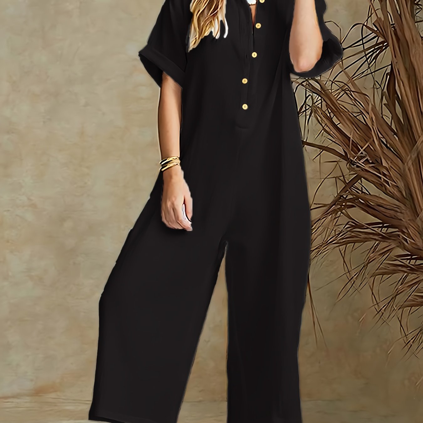 Women's Plus Size Green Jumpsuit with Roll-Up Sleeves and Wide-Leg Pants