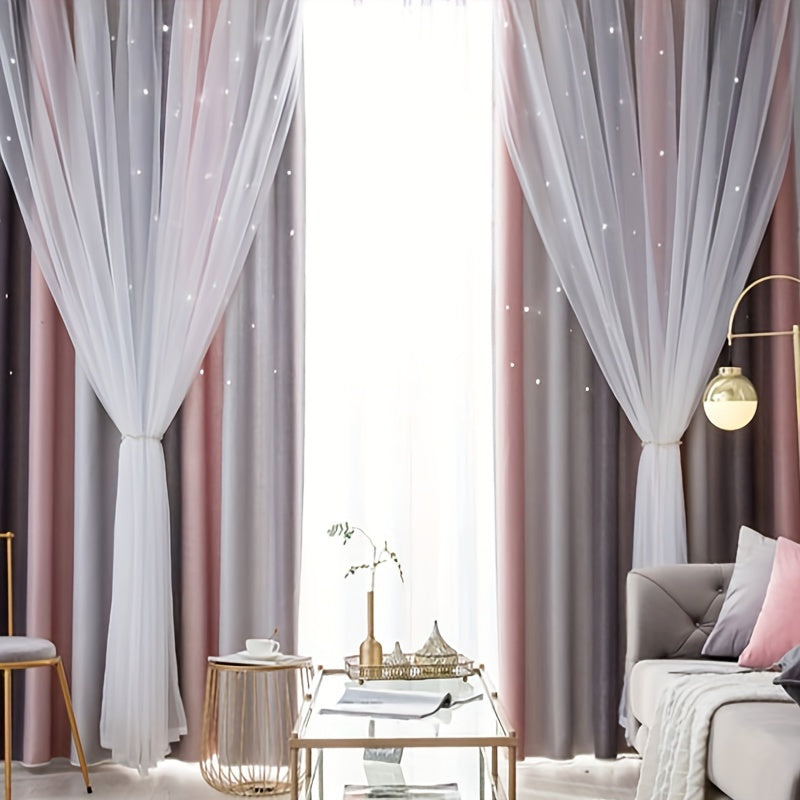 Gray Pink Gradient Star Sheer Two Layer Curtain for Living Room Bedroom Office