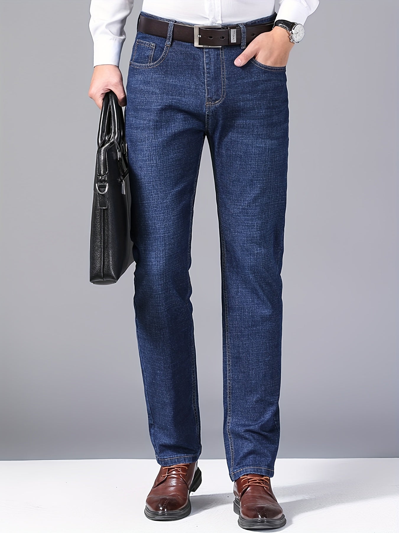 Men's Plus Size Light Blue Stretch Denim Business Casual Jeans for Men