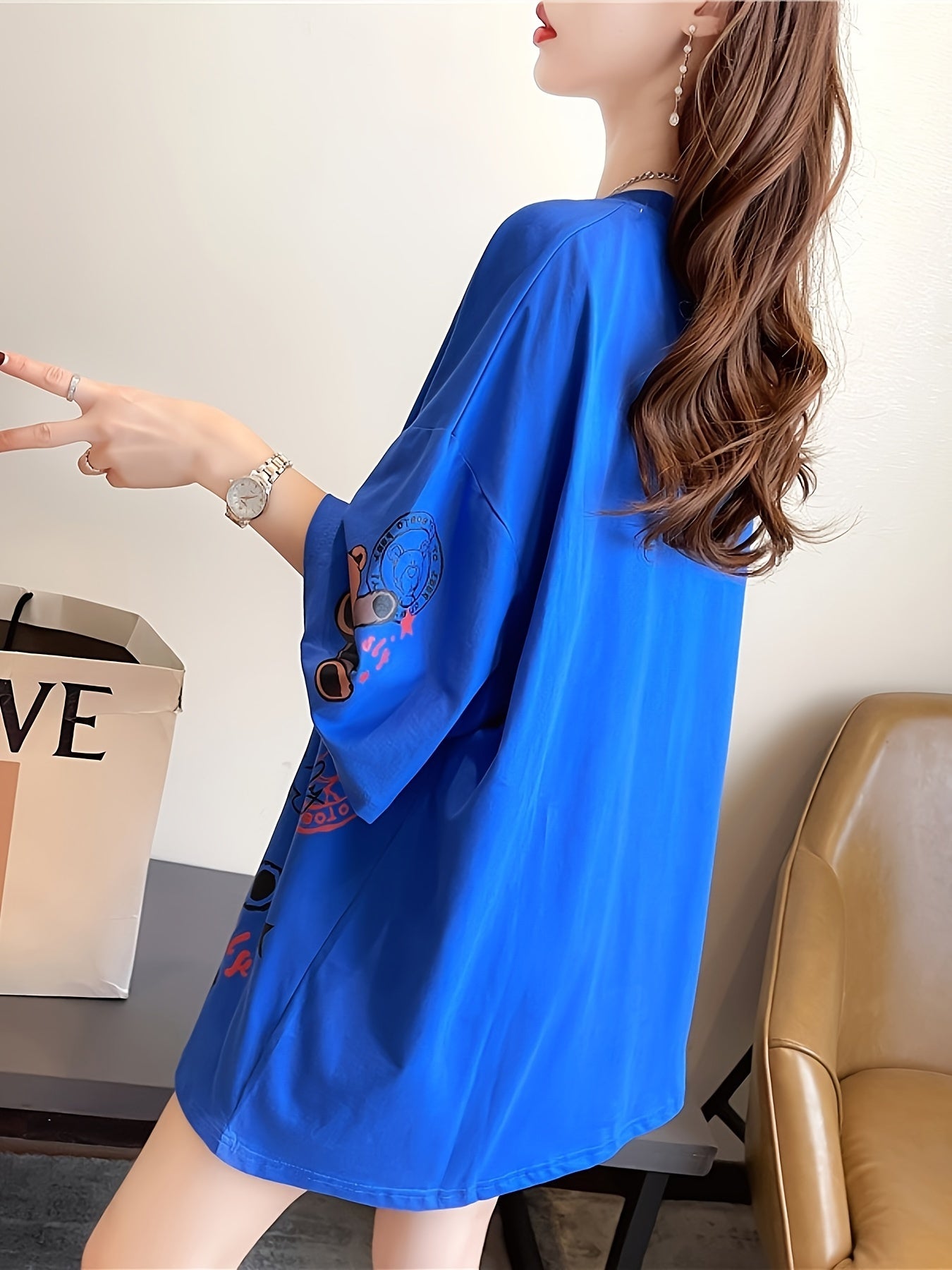 Plus Size Women's Casual T-Shirt with Cartoon Bear Print Polyester Blend Short Sleeve Spring Summer