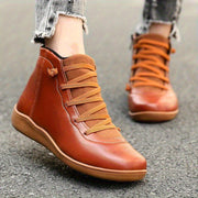 Women's Casual Ankle Boots Brown PU Low Heel Round Toe Lace-Up