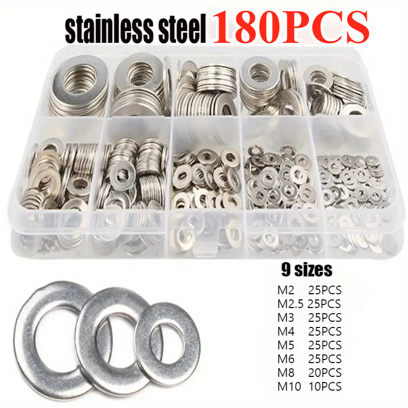 Set of 180 Stainless Steel Washers O-Ring Spacers M2-M10 Durable Fasteners