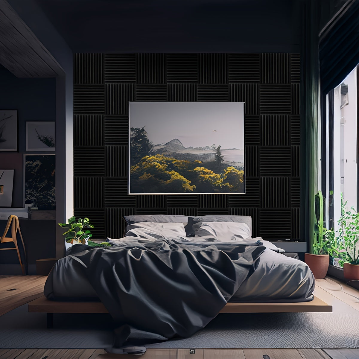 12-Pack Acoustic Foam Panels Self-Adhesive Soundproofing Tiles for Noise Reduction Black Grey 30.48cm x 30.48cm