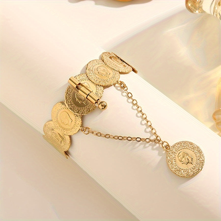 Gold-Plated Tribal-Inspired Bangle Bracelet with Copper Alloy Coin Links for Women