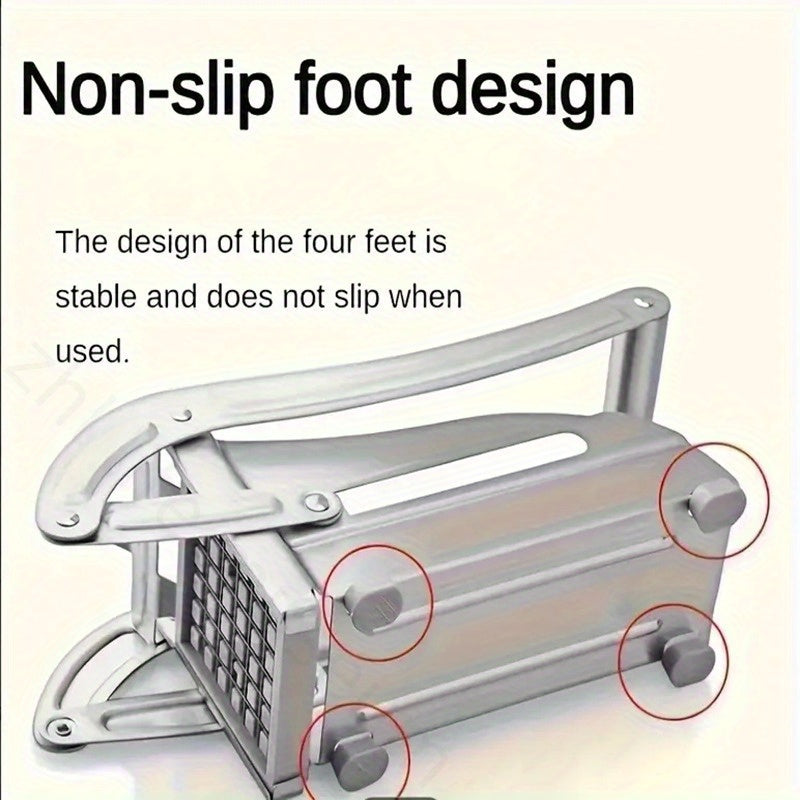 Qoʻlda kesish uchun ikki pichoq bilan stainless steel French fry cutter, kartoshka va boshqa meva va sabzavotlarni kesish uchun. Barqarorlik uchun yopishmaydigan asos. Uy va professional oshxonalarga mos.