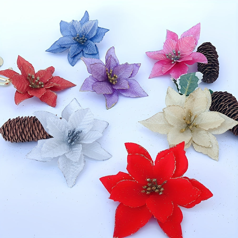 Set of 10 Glittery Artificial Christmas Flowers for Tree Decoration 14cm