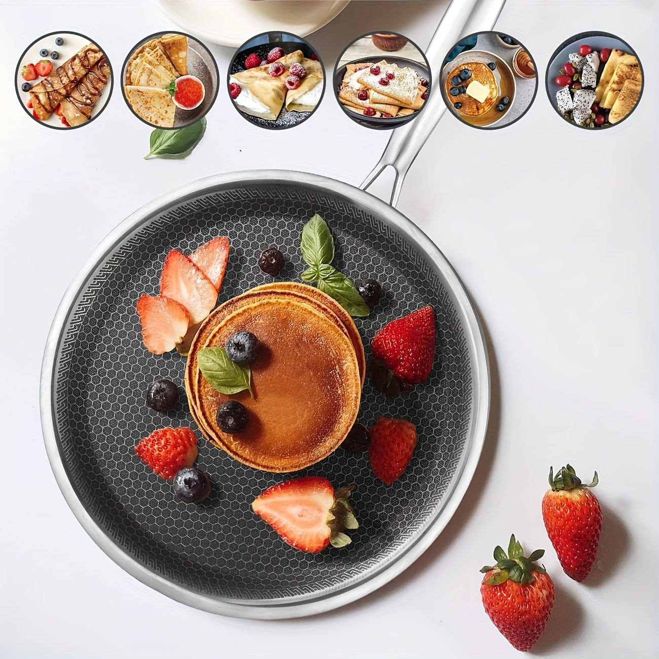 Sartén de acero inoxidable con recubrimiento antiadherente de panal, compatible con inducción, apta para lavavajillas