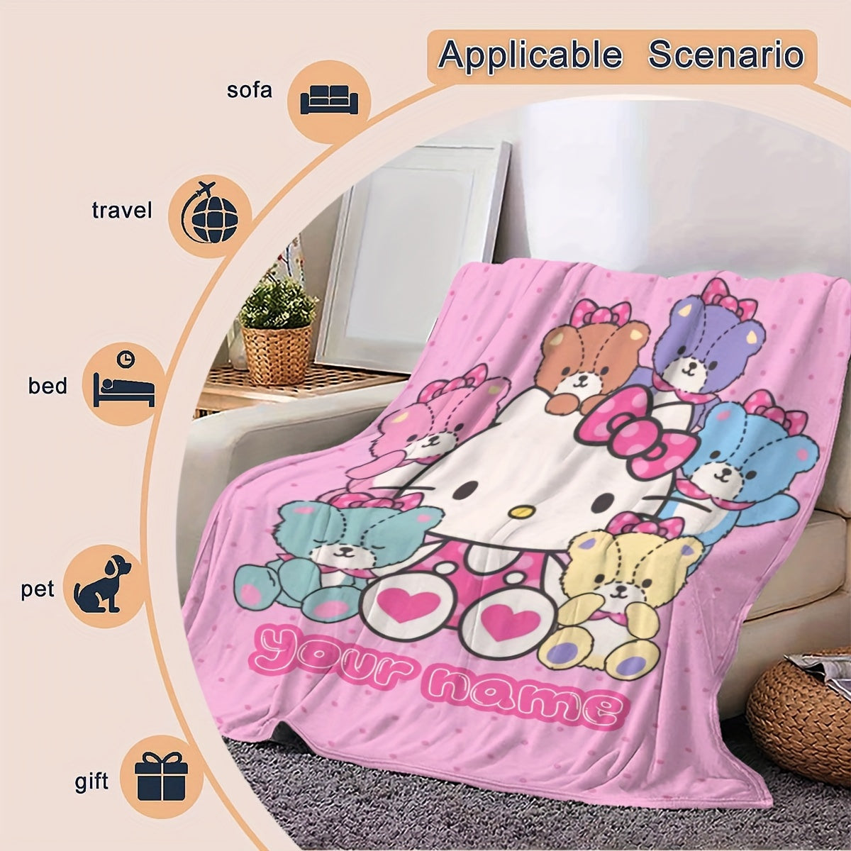 Personalized Hello Kitty Cartoon Flannel Blanket Soft Cozy Throw for Kids and Adults