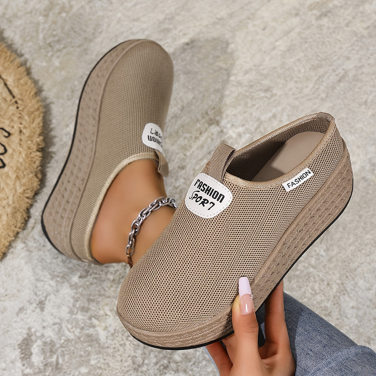 Zapatillas casuales para mujer con suela gruesa y sin cordones, parte superior de tela negra, suela de TPR