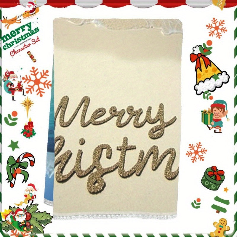 Bir parcha yumshoq qishki Rojdestvo bezaklari 18 x 66.04 sm o'lchovda, "Merry Christmas" iborasi va OWUHP dizayni bilan.
