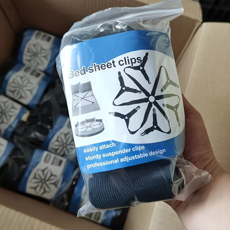 Set of 6 Black Bed Sheet Grippers with 12 Clips Non-Slip Secure Fit