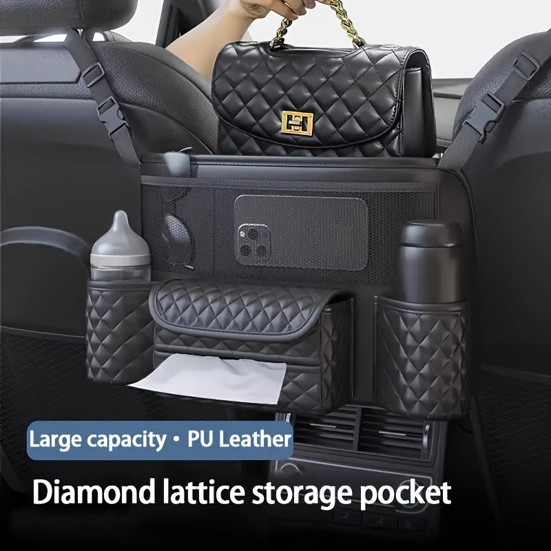 PU Leather Car Seat Back Organizer with Multi-Pocket Storage Waterproof Durable Black Quilted