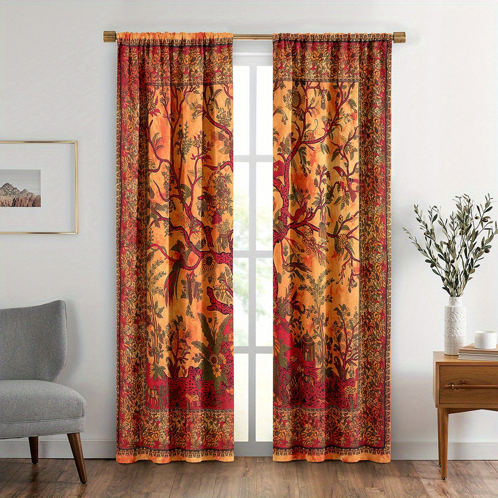 Set of 2 Boho Hippie Window Curtains with Life Tree Design for Bedroom Living Room Dorm