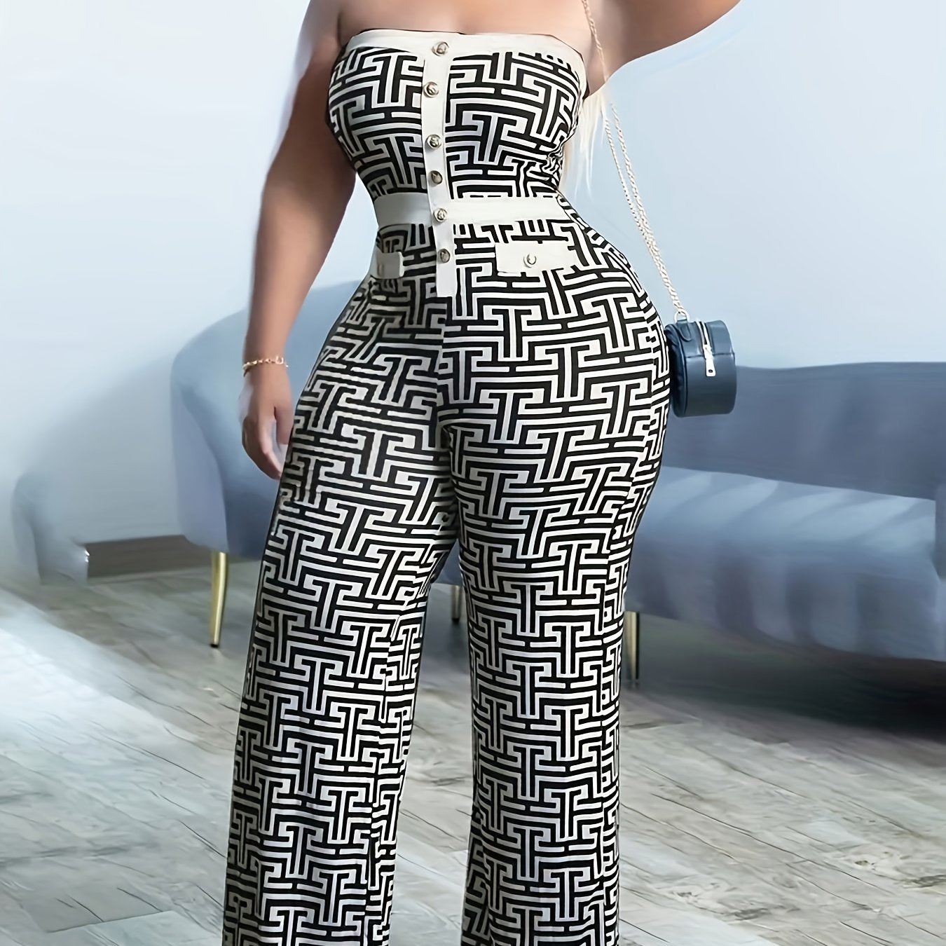 Women's Plus Size Geometric Print Wide Leg Jumpsuit Medium Stretch