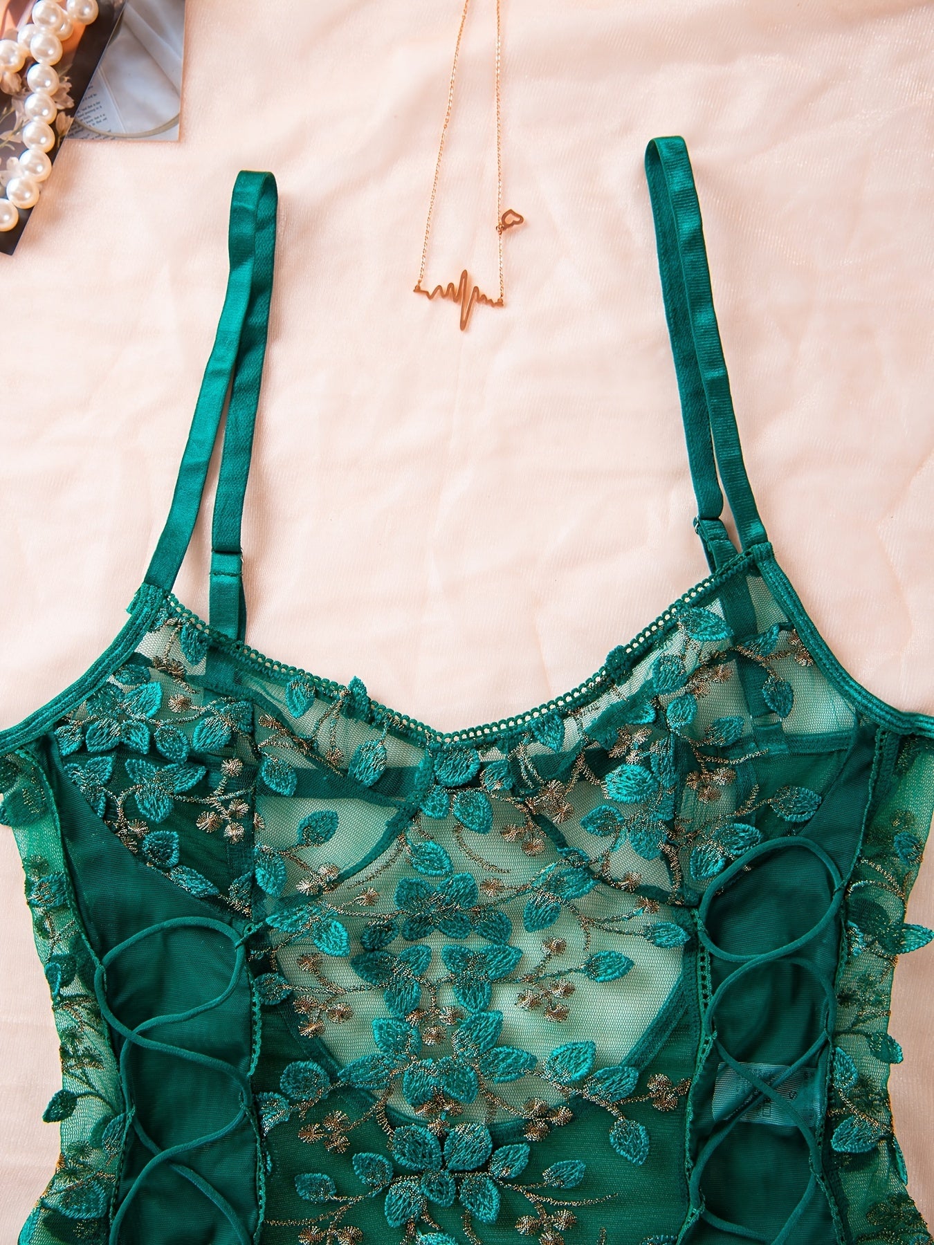 Women's Floral Lace Teddy and Mesh Backless Thong Lingerie