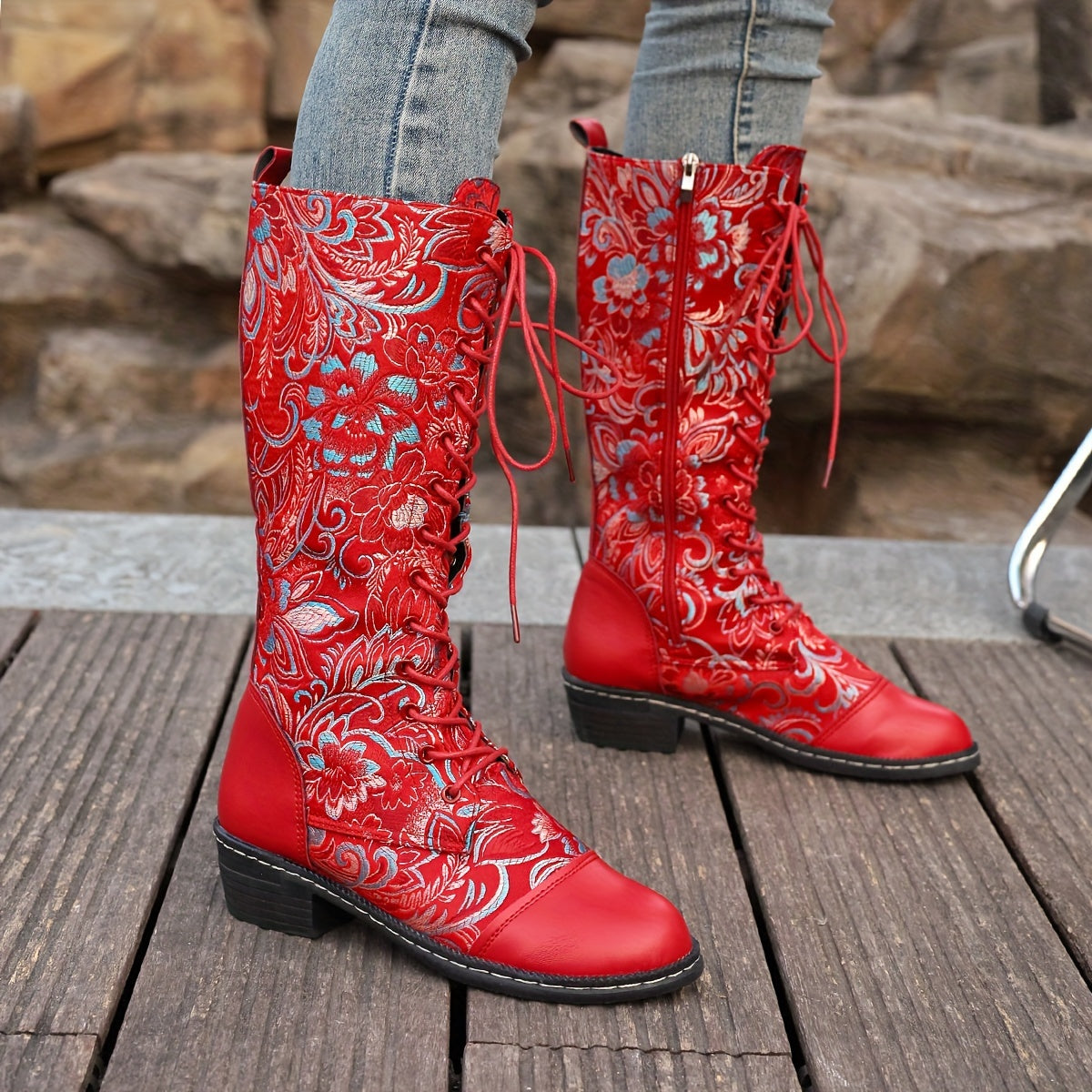 Women's Ethnic Style Lace-Up Mid-Calf Boots Colorful Patterns Casual Shoes