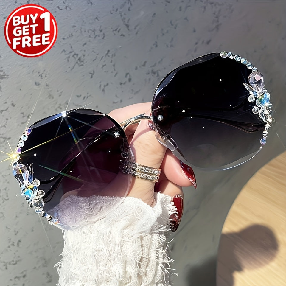 Women's Frameless Gradient Lens Rhinestone Glasses with Bent Legs