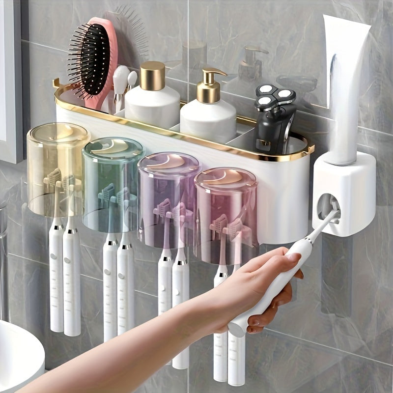 Wall-Mounted Plastic Toothbrush Holder with Rinse Tumbler Set Self-Adhesive Family Pack for Electric Toothbrushes