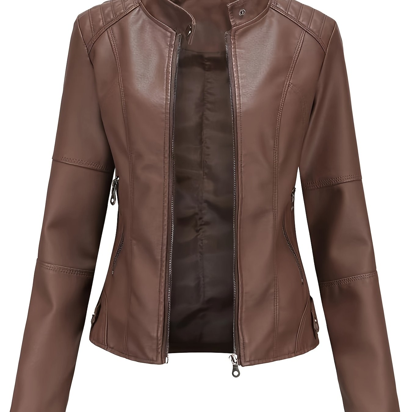 Women's Beige Biker Style Jacket for Spring Fall Zipper Stand Collar Pockets