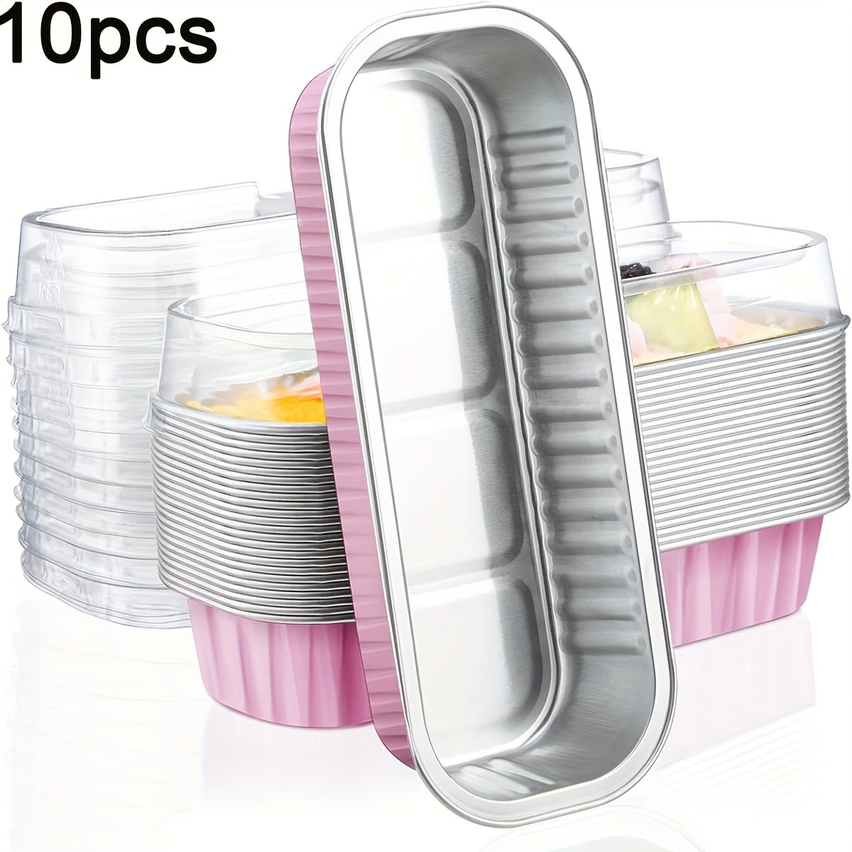Set of 10 Aluminum Foil Mini Loaf Pans with Transparent Lids for Baking Cakes and Cupcakes in Black Pink and Gold
