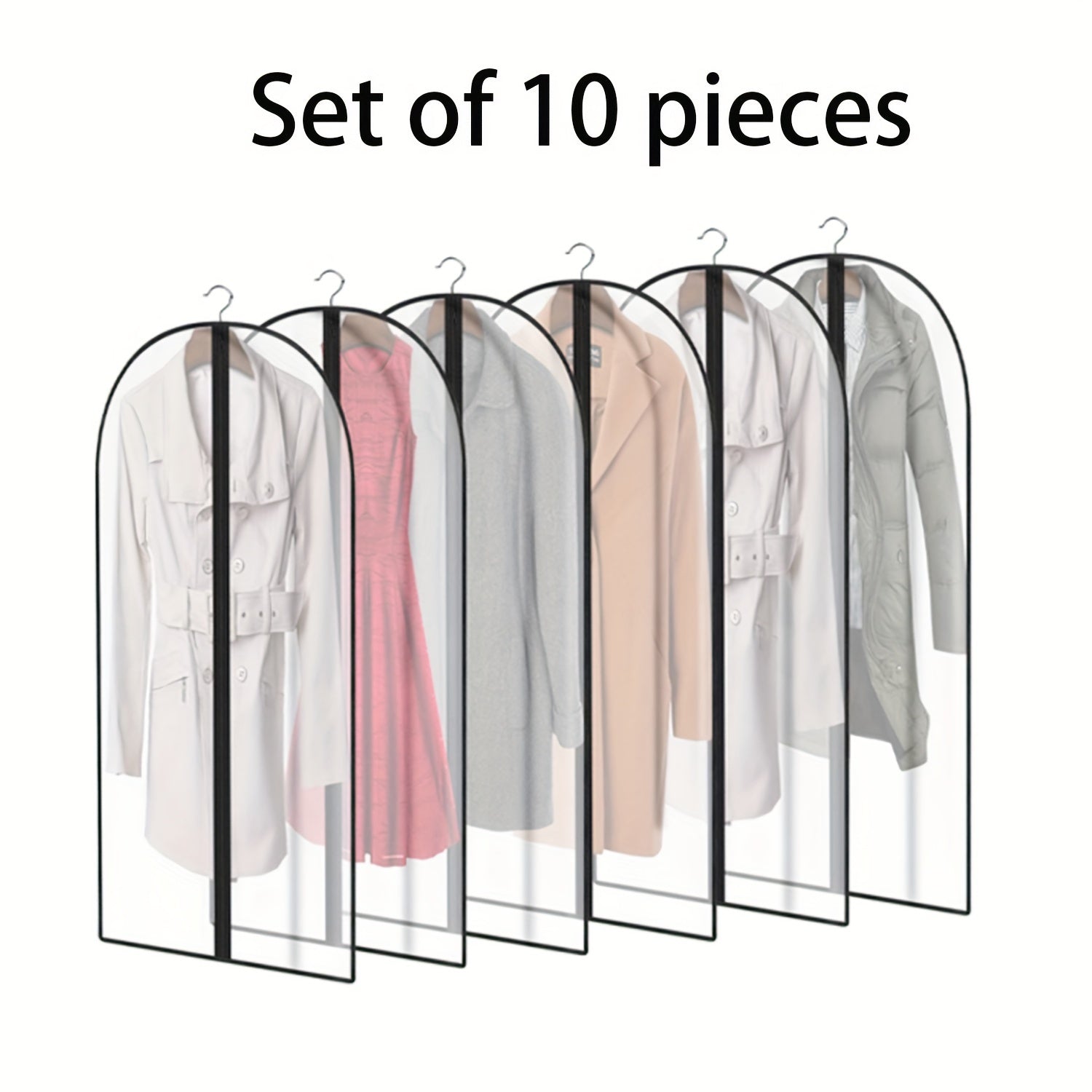 Set of 10 Plastic Garment Covers with Zipper Closure Dust-Proof Suit Bags for Closet Storage