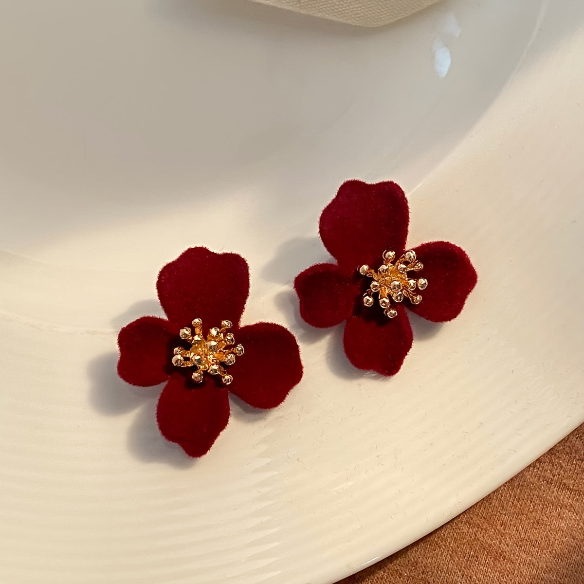 Women's Velvet Flower Earrings 14K Gold Plated Zinc Alloy Studs Versatile Jewelry
