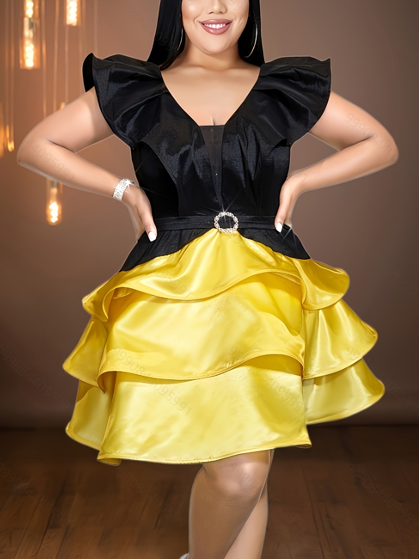 Women's Sleeveless Ruffle Hem Party Dress with Sparkling Details