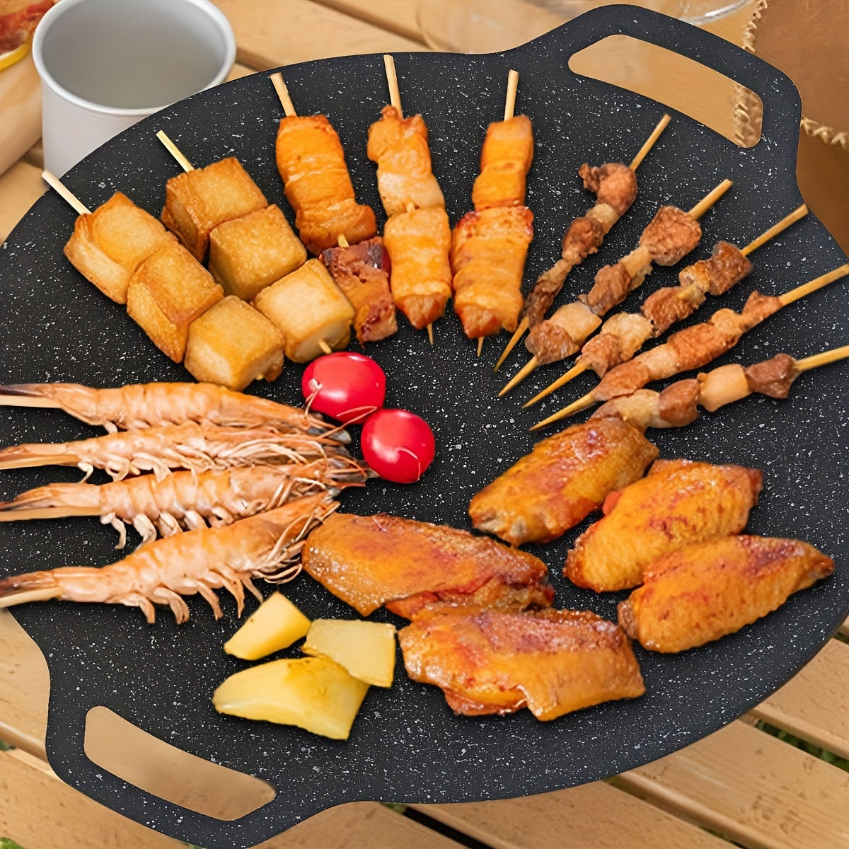 Qalayli qattiq temir BBQ tava 29.97cm, yopishqoq bo'lmagan, tutqichlar bilan, sayohat va uyda pishirish uchun