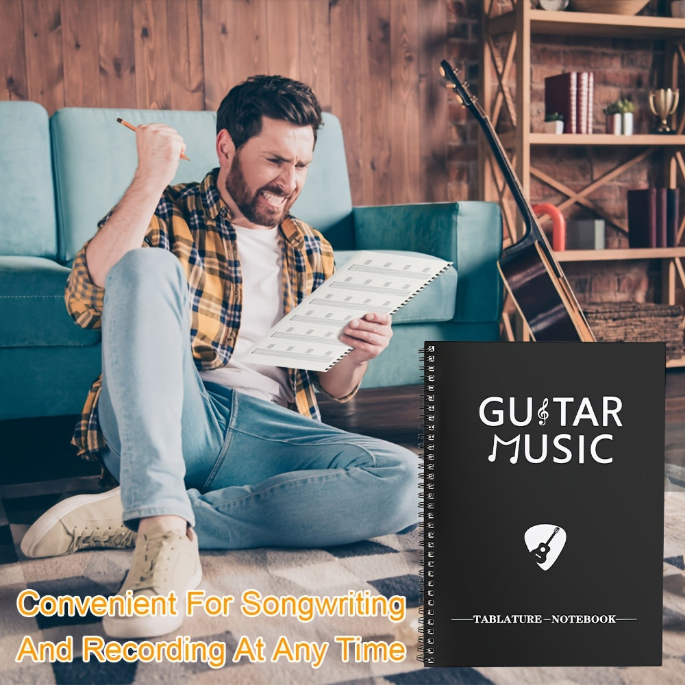 Cuaderno de práctica de guitarra con 50 hojas en blanco con pentagramas y diagramas de acordes