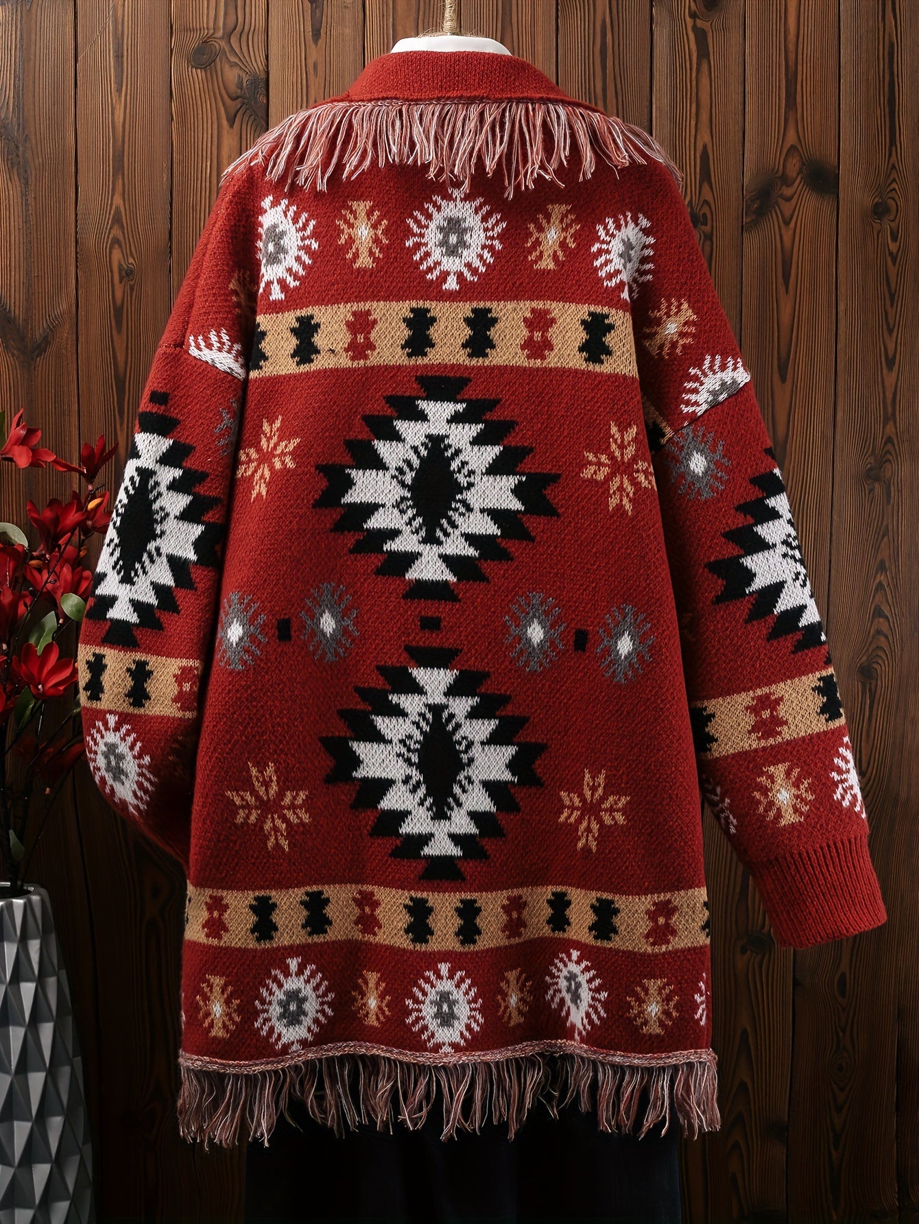 Plus Size Knit Cardigan with Tassels Open Front Long Sleeve Fall Winter Women's Clothing