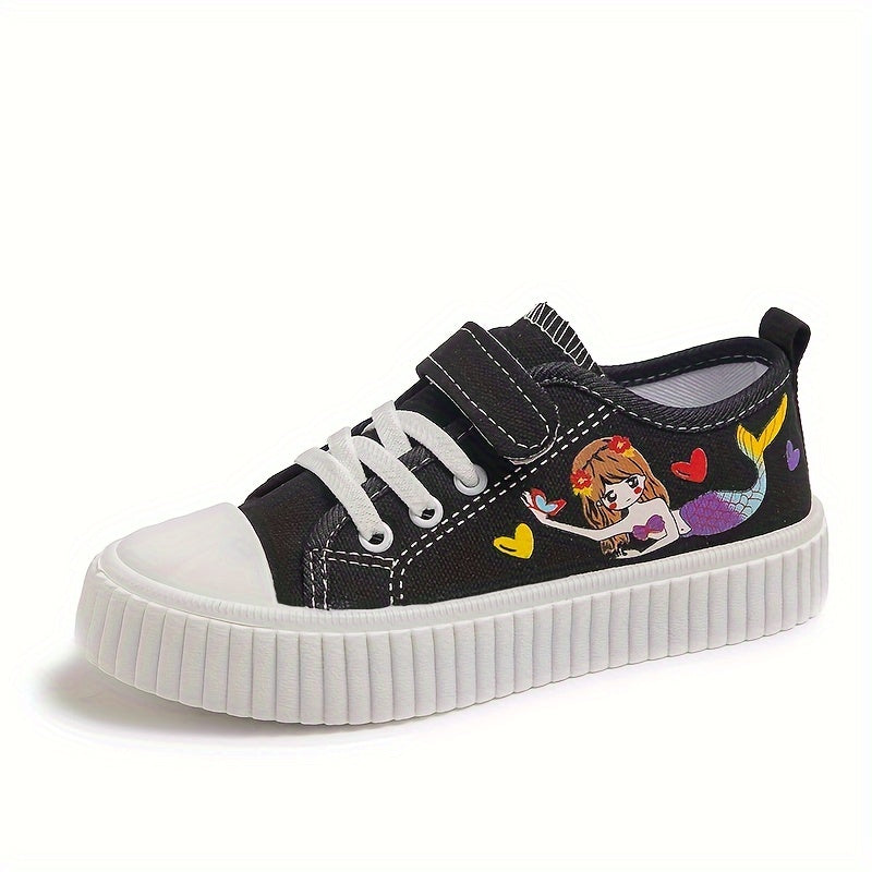 Girls Cartoon Mermaid Low Top Canvas Sneakers Lightweight Non-Slip All Seasons