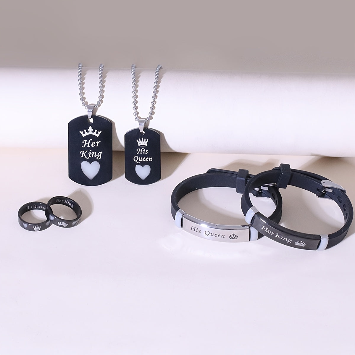 6-Piece Stainless Steel Love Crown Jewelry Set for Couples Necklace Bracelet Ring Gift
