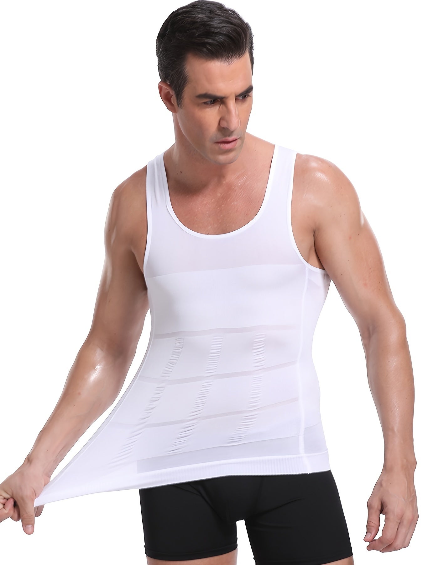 Camiseta sin mangas ajustada para hombre, moldeadora del cuerpo, de nylon y spandex, ajuste delgado, sin mangas, de color sólido